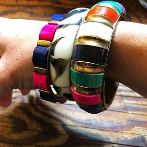Vtg Bangle Bracelet Stack Brass Inlaid Stone